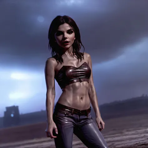 A professional visual FX shot featuring Darkening Skies - Sudden Atmospheric Change for Drama Victoria Justice - Dark Brown Hair photographed posing Slightly Twisted Torso, Hands Behind Back