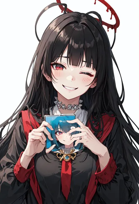 best quality, masterpiece, highres, solo, (tsurugi_bluearchive:1.10), smile, happy, one eye closed, portrait, looking at viewer, 37 <lora:tsurugi_bluearchive:0.80>