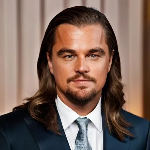 RAW photo, l30n4rd0 man, close-up, very long hair, suit<lora:l30n4rd0:0.9>, 8k uhd, dslr, soft lighting, high quality, film grain, Fujifilm XT3