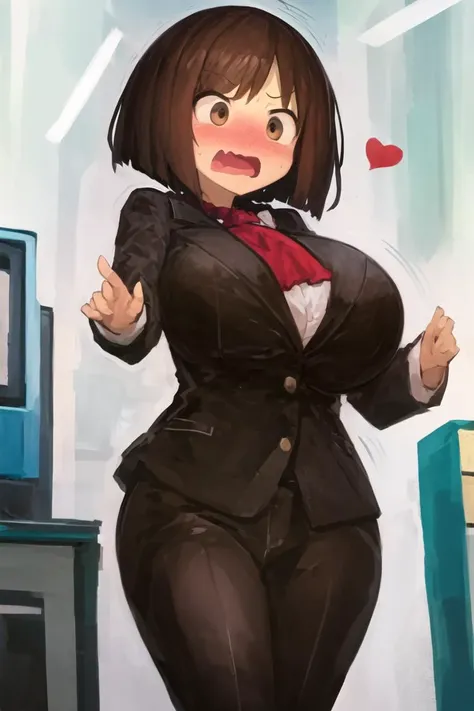 best quality, detailed face, detailed eyes, 1girl, solo, single panel BREAK,
(girl in office working:1.2)
, (bob cut:1.5), (side parted bangs:1.5), (dark brown hair:1.5), (brown eyes:1.5), short hair, (massive breasts:1.5), :d, (trembling:1.2), (serious, frown:1.1), (formal black suit:1.3), indoors, (red ascot:1.5), embarrassed,shocked,
breast expansion, (motion lines:0.7), trembling, looking at breasts, (embarrassed:1.3),shocked, aroused, breast focus, (bursting breasts:1.2), (exclamation point:1.2), hearts, (BEReaction:1.5)
<lora:kaamin [alpha128 3e-5]:1>  <lora:BEReaction:0.85>