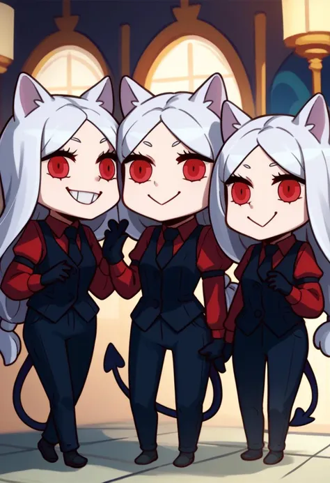 score_9, score_8_up, score_7_up, chibi, april fools, 3girls, triplets, htcerberus, smile, low-tied long hair, animal ears, red shirt, black necktie, long sleeves, arm garter, black gloves, black vest, waistcoat, black pants, demon tail <lora:style_fgoaprilfools_ponyXL:1> <lora:helltaker_cerberus_ponyXL:1>