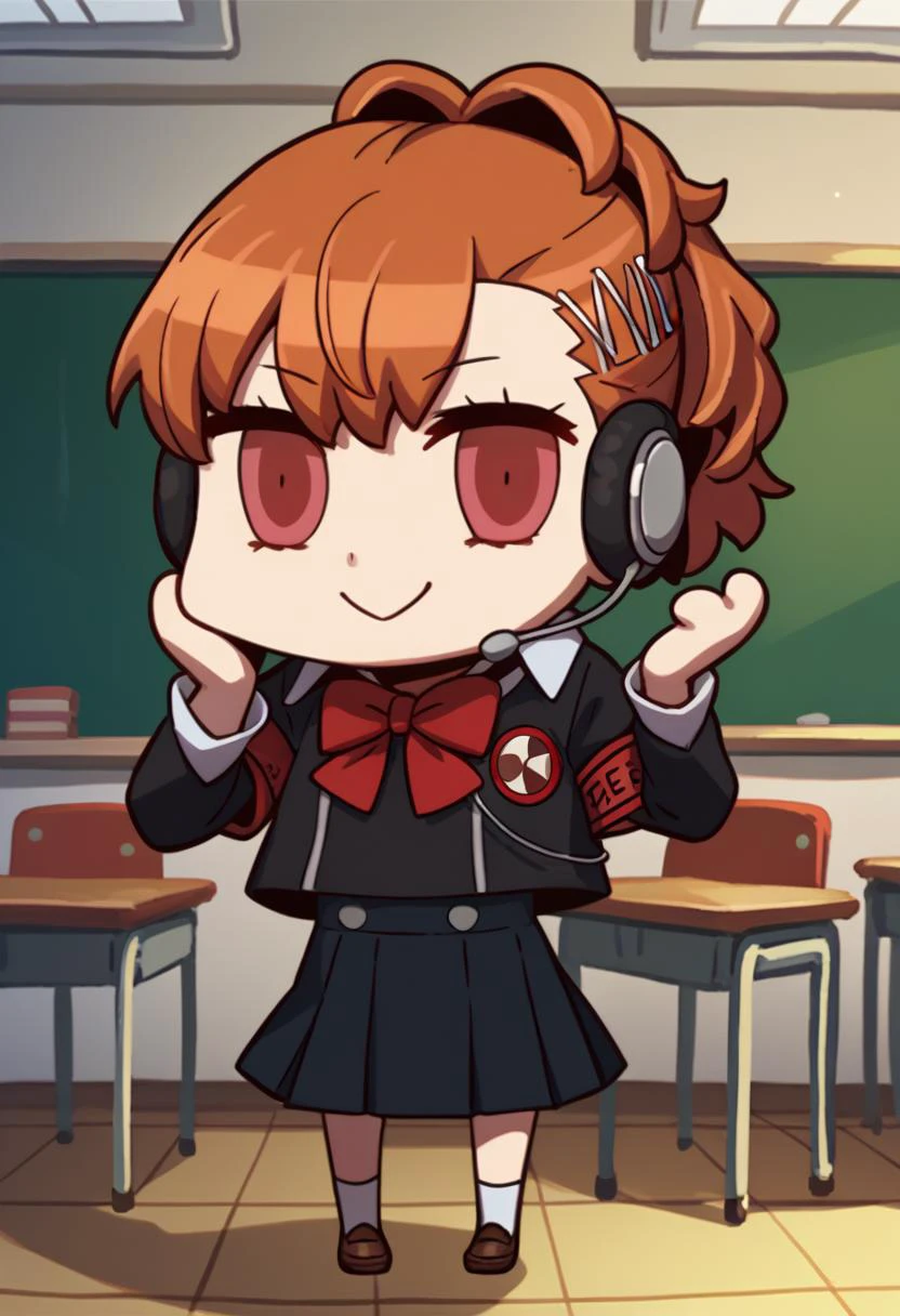 score_9, score_8_up, score_7_up, chibi, april fools, solo, 1girl, shiomi kotone, smile, standing, hairclip, gekkoukan high school uniform, black jacket, red bow, armband, long sleeves, black skirt, headphones, digital media player, indoors, classroom <lora:style_fgoaprilfools_ponyXL:1.1> <lora:persona3_shiomi_ponyXL:0.85>