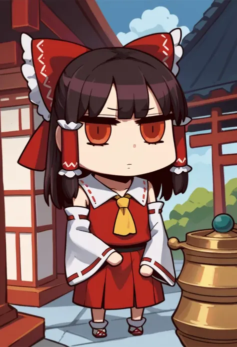 score_9, score_8_up, score_7_up, chibi, april fools, solo, 1girl, hakurei reimu, expressionless, hair bow, hair tubes, red eyes, miko, yellow ascot, detached sleeves, east asian architecture <lora:style_fgoaprilfools_ponyXL:1>