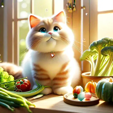 A heartwarming photograph of a beautiful, fluffy cat sitting in a simple yet cozy environment, basking in the warm sunlight that filters through the window. The cat's fur is meticulously detailed, showcasing its softness and texture, while its bright, curious eyes capture the viewer's attention. The background features a delightful mix of sunlit vegetables, adding an element of playfulness to the scene. A small sign with the number "404" rests nearby, adding an endearing touch of whimsy. The overall atmosphere is one of happiness and contentment, with the cat's wide grin and the large, glistening droplets of water creating a sense of joy and tranquility. The image is captured in high-quality, ultra-detailed resolution, with the lighting expertly balanced to highlight the cat's features and the warm, inviting atmosphere