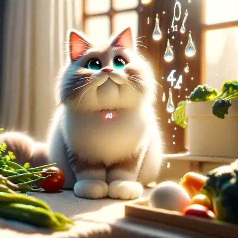 A heartwarming photograph of a beautiful, fluffy cat sitting in a simple yet cozy environment, basking in the warm sunlight that filters through the window. The cat's fur is meticulously detailed, showcasing its softness and texture, while its bright, curious eyes capture the viewer's attention. The background features a delightful mix of sunlit vegetables, adding an element of playfulness to the scene. A small sign with the number "404" rests nearby, adding an endearing touch of whimsy. The overall atmosphere is one of happiness and contentment, with the cat's wide grin and the large, glistening droplets of water creating a sense of joy and tranquility. The image is captured in high-quality, ultra-detailed resolution, with the lighting expertly balanced to highlight the cat's features and the warm, inviting atmosphere