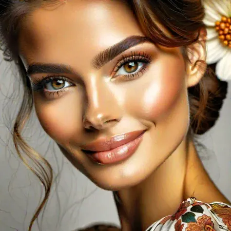 Professional close-up photograph of a young woman's face, high quality, best quality. The image captures the beauty of the woman's face with intricate details such as her eyeliner, floral dress, and a warm, genuine smile. The lighting is carefully crafted to enhance her features, creating a stunning and intimate portrait that showcases her youthful charm and elegance. The focus is solely on her face, drawing the viewer's attention to her captivating gaze and the delicate features of her face, making it an unforgettable and breathtaking image.