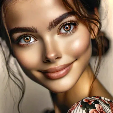 Professional close-up photograph of a young woman's face, high quality, best quality. The image captures the beauty of the woman's face with intricate details such as her eyeliner, floral dress, and a warm, genuine smile. The lighting is carefully crafted to enhance her features, creating a stunning and intimate portrait that showcases her youthful charm and elegance. The focus is solely on her face, drawing the viewer's attention to her captivating gaze and the delicate features of her face, making it an unforgettable and breathtaking image.