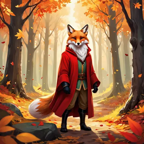 Create an enchanting digital art piece showcasing an anthropomorphic medieval fox with a fluffy tail, roaming freely in the heart of an ancient forest. The forest is alive with the vibrant hues of autumn, with leaves of gold, red, and orange adorning the trees. The fox, with its expressive eyes and playful demeanor, embodies the spirit of the forest. The scene is rendered in a lineless style, with the artist's skillful use of color and shading to bring the forest to life. The artwork exudes a sense of tranquility and wonder, inviting the viewer to explore the magical world of this anthropomorphic fox in the enchanting forest. The quality of the digital art is exceptional, with every detail captured in stunning clarity, making it a true masterpiece for furry art enthusiasts and digital art lovers alike.