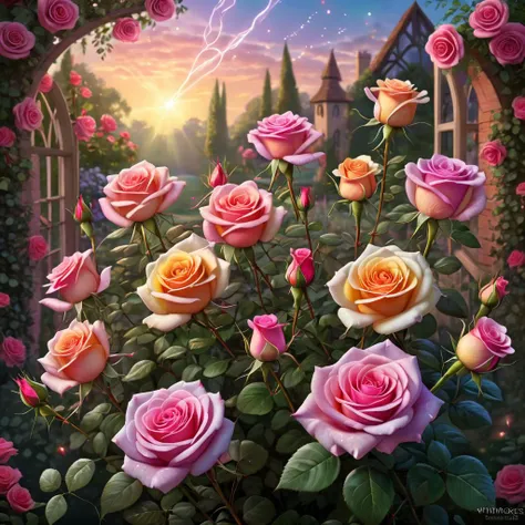 Stunning visual representation of roses emitting light particles, creating a mesmerizing dance of colors in the air. The roses, with their velvety petals and thorny stems, radiate an ethereal glow, their petals shimmering with every hue of the rainbow. The light particles weave intricate patterns around the roses, casting an enchanting spell on the viewer. The scene is set against the backdrop of a serene garden, with the gentle rustling of leaves and the sweet scent of roses filling the air. The quality of the visual is exceptional, with every detail of the roses and the light particles captured in stunning clarity, inviting the viewer to lose themselves in the magical world of roses and light.