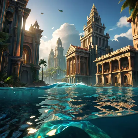 In the heart of the Atlantic Ocean, the ancient city of Atlantis rises from the depths, a testament to the ingenuity and creativity of its inhabitants. With the enchanting style of Lebbeus Woods, this digital art piece brings the city to life in ultra-realistic detail. The atmosphere glows with an ethereal light, casting intricate shadows on the intricate structures of the city. The buildings, adorned with vibrant colors, tower above the bustling streets filled with Atlanteans going about their daily lives. The cinematic lighting, powered by the divine energy of the gods, illuminates the city in a breathtaking display of color and light. The Unreal Engine brings this underwater metropolis to life with unparalleled realism, while the god lighting adds an otherworldly touch to the already magical cityscape. Explore the hidden corners of Atlantis and uncover the secrets of