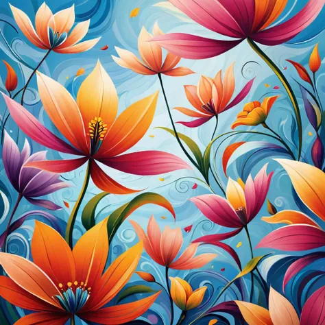 Abstract flower illustration in the Gilbey style, featuring dynamic compositions of ethereal blooms in flight. The vibrant petals twist and turn through the air, creating intricate patterns against the backdrop of a serene sky. The colors of the flowers blend seamlessly with the sky, evoking a sense of tranquility and wonder. The quality of the artwork is exceptional, with every petal and curve rendered in meticulous detail, showcasing the artist's mastery of abstract floral design. This captivating illustration invites the viewer to explore the boundless possibilities of nature and the imagination.