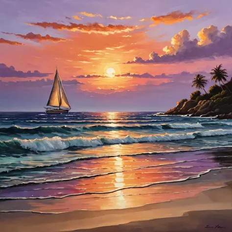 Title: Serene Sunset over the Ocean, Description: Witness the breathtaking beauty of nature in this exquisite painting depicting a serene sunset over the tranquil ocean. The sky is painted with hues of orange, pink, and purple, reflecting on the calm waters below. The sun casts its warm glow over the ocean, illuminating the ripples on the surface. In the distance, the silhouette of a sailboat can be seen, adding to the peaceful scene. The painting is rendered in meticulous detail, with each brushstroke capturing the essence of the moment. The vibrant colors and intricate textures transport the viewer to a world of tranquility and wonder. This masterpiece is sure to be a cherished addition to any art collection., Keywords: serene sunset, tranquil ocean, sailboat, meticulous detail, exquisite painting, vibrant