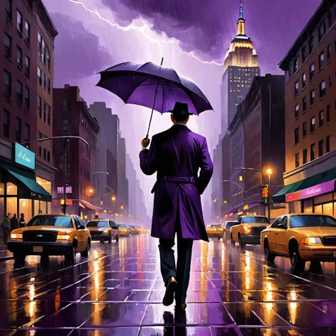 Create a captivating text-to-image prompt inspired by the context and the Query, focusing on a cityscape view of New York City during a purple storm night. A man with an umbrella navigates the bustling streets under the ultra view angle, where every detail of the city comes alive in Edward Hopper's signature realistic and detailed painting style. The stormy skies above New York City are painted in deep purples, casting an ethereal glow over the cityscape. Raindrops cascade from the umbrella, creating intricate patterns on the man's rain-soaked clothes. The city's iconic buildings, bathed in the soft glow of streetlights, stand tall against the stormy backdrop. The man's determined expression and the city's resilient spirit shine through the stormy night. The painting is rendered in high-definition, with every brushstroke meticulously crafted to bring the vibr