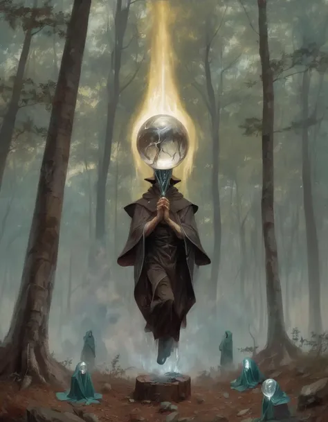 <lora:ptm0-000007:0.8>ptm0 a painting of a man with a half broken cylinder for a head levitating in a strange position in the woods with three small hooded figures beside him and a liquid glass rising up from the ground and crystallizing into a sphere, Art of Brom, magic the gathering artwork, an ultrafine detailed painting, fantasy art, surreal , beksinksi
