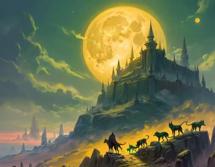 ethereal fantasy concept art of Ancient horror roaming a desolate forsaken planet, death in long robe, pet hellhounds, ghostly , bleak yellow full moon, green sky, massive Fortress in the distance, ptm0, ssta . magnificent, celestial, ethereal, painterly, epic, majestic, magical, fantasy art, cover art, dreamy, dark and unsettling dream showing Ancient horror roaming a desolate forsaken planet, death in long robe, pet hellhounds, ghostly , bleak yellow full moon, green sky, massive Fortress in the distance, ptm0, ssta. best quality, high resolution. created by genius but depressed mad artist. grim beauty