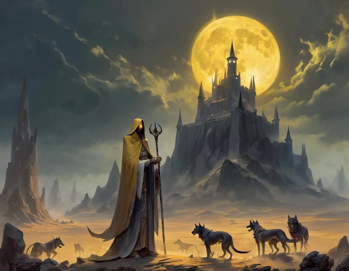 ethereal fantasy concept art of Ancient horror roaming a desolate forsaken planet, death in long robe, pet hellhounds, ghostly , bleak yellow full moon, gray sky, massive Fortress in the distance, ptm0, ssta . magnificent, celestial, ethereal, painterly, epic, majestic, magical, fantasy art, cover art, dreamy, dark and unsettling dream showing Ancient horror roaming a desolate forsaken planet, death in long robe, pet hellhounds, ghostly , bleak yellow full moon, gray sky, massive Fortress in the distance, ptm0, ssta. best quality, high resolution. created by genius but depressed mad artist. grim beauty