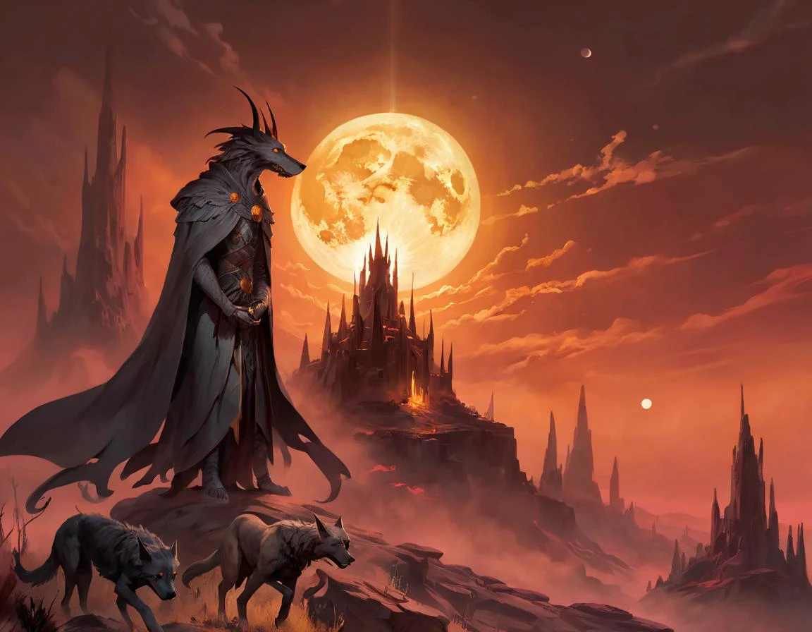 ethereal fantasy concept art of Ancient horror roaming a desolate forsaken planet, death in long robe, pet hellhounds, ghostly , bleak yellow full moon, red sky, massive Fortress in the distance, ptm0, ssta . magnificent, celestial, ethereal, painterly, epic, majestic, magical, fantasy art, cover art, dreamy, dark and unsettling dream showing Ancient horror roaming a desolate forsaken planet, death in long robe, pet hellhounds, ghostly , bleak yellow full moon, red sky, massive Fortress in the distance, ptm0, ssta. best quality, high resolution. created by genius but depressed mad artist. grim beauty