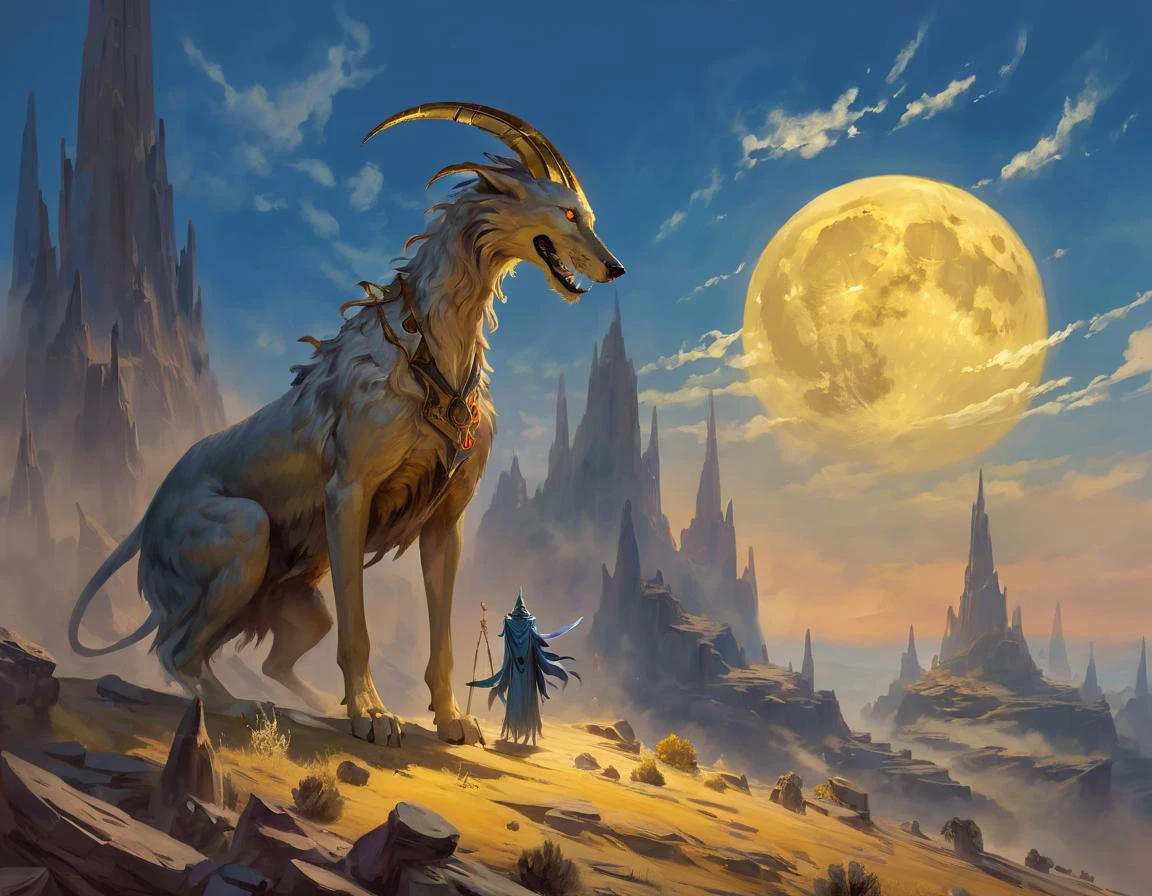 ethereal fantasy concept art of Ancient horror roaming a desolate forsaken planet, death in long robe, pet hellhounds, ghostly , bleak yellow full moon, blue sky, massive Fortress in the distance, ptm0, ssta . magnificent, celestial, ethereal, painterly, epic, majestic, magical, fantasy art, cover art, dreamy, dark and unsettling dream showing Ancient horror roaming a desolate forsaken planet, death in long robe, pet hellhounds, ghostly , bleak yellow full moon, blue sky, massive Fortress in the distance, ptm0, ssta. best quality, high resolution. created by genius but depressed mad artist. grim beauty