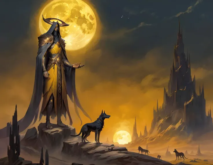 ethereal fantasy concept art of Ancient horror roaming a desolate forsaken planet, death in long robe, pet hellhounds, ghostly , bleak yellow full moon, yellow sky, massive Fortress in the distance, ptm0, ssta . magnificent, celestial, ethereal, painterly, epic, majestic, magical, fantasy art, cover art, dreamy, dark and unsettling dream showing Ancient horror roaming a desolate forsaken planet, death in long robe, pet hellhounds, ghostly , bleak yellow full moon, yellow sky, massive Fortress in the distance, ptm0, ssta. best quality, high resolution. created by genius but depressed mad artist. grim beauty