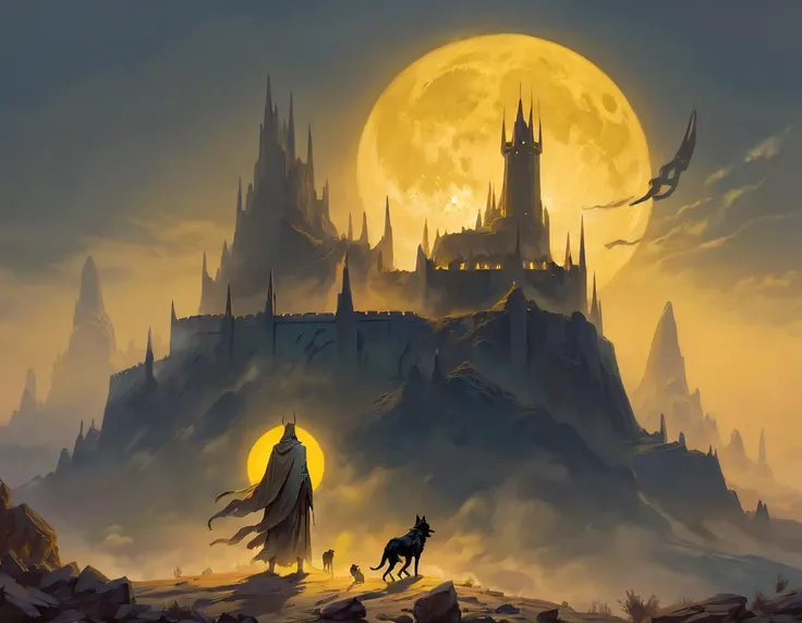 ethereal fantasy concept art of Ancient horror roaming a desolate forsaken planet, death in long robe, pet hellhounds, ghostly , bleak yellow full moon, yellow sky, massive Fortress in the distance, ptm0, ssta . magnificent, celestial, ethereal, painterly, epic, majestic, magical, fantasy art, cover art, dreamy, dark and unsettling dream showing Ancient horror roaming a desolate forsaken planet, death in long robe, pet hellhounds, ghostly , bleak yellow full moon, yellow sky, massive Fortress in the distance, ptm0, ssta. best quality, high resolution. created by genius but depressed mad artist. grim beauty