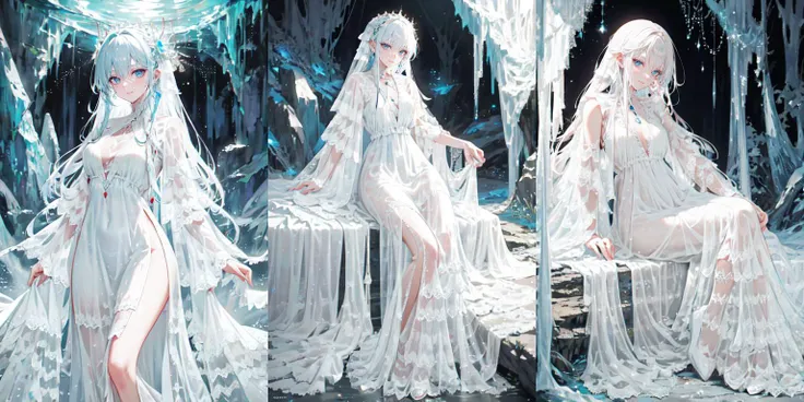 highly insanely detailed, masterpiece, top quality, best quality, highres, 4k, 8k, RAW photo, (very aesthetic, beautiful and aesthetic), enchanted cave with glowing crystals, photo of slim woman, wearing white sheer boho maxi dress, <lora:CrunchyBanana_Sheer_Boho_Maxi_Dress:1>, subtle smile, subsurface scattering