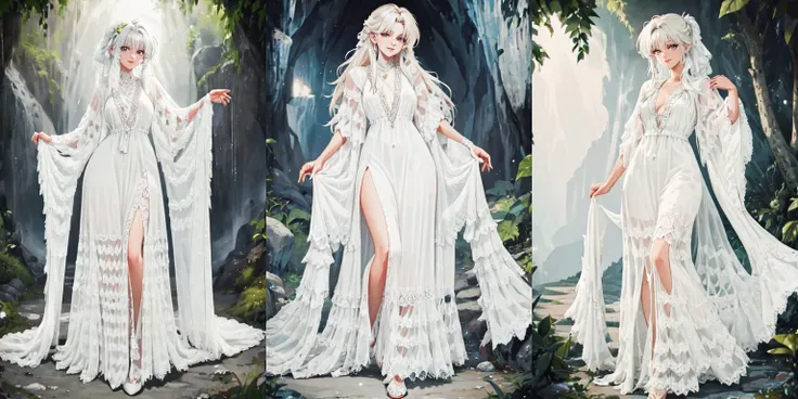 highly insanely detailed, masterpiece, top quality, best quality, highres, 4k, 8k, RAW photo, (very aesthetic, beautiful and aesthetic), enchanted cave with glowing crystals, photo of slim woman, wearing white sheer boho maxi dress, <lora:CrunchyBanana_Sheer_Boho_Maxi_Dress:1>, subtle smile, subsurface scattering