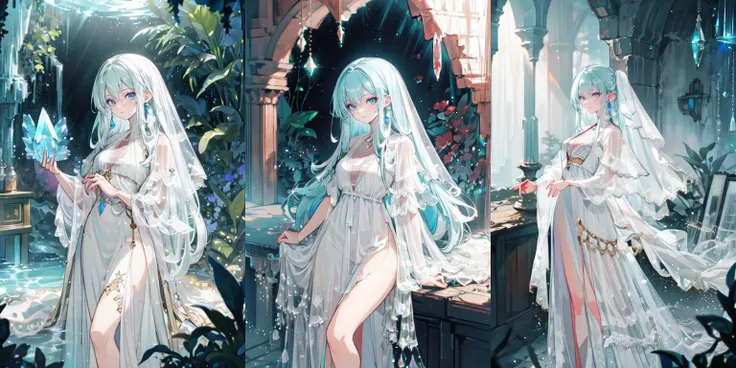 highly insanely detailed, masterpiece, top quality, best quality, highres, 4k, 8k, RAW photo, (very aesthetic, beautiful and aesthetic), enchanted cave with glowing crystals, photo of slim woman, wearing white sheer boho maxi dress, <lora:CrunchyBanana_Sheer_Boho_Maxi_Dress:1>, subtle smile, subsurface scattering