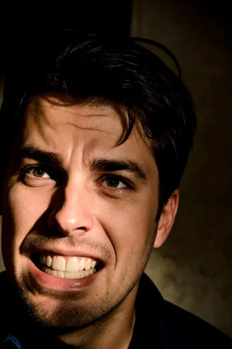 (closeup:1.2) photo of a paranormal investigator grimacing in fear as he walks through an abandoned hospital, looking to the side, stubble, dramatic lighting <lora:grimacing_v1:0.8>, eyes open