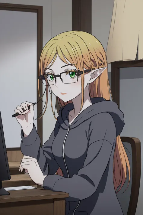 (8k, RAW photo, best quality, masterpiece:1.2), 1girl, (hood:1.2), (glasses:1.2), green eyes, <lora:Astaria_v10:0.7>,semi-rimless_eyewear