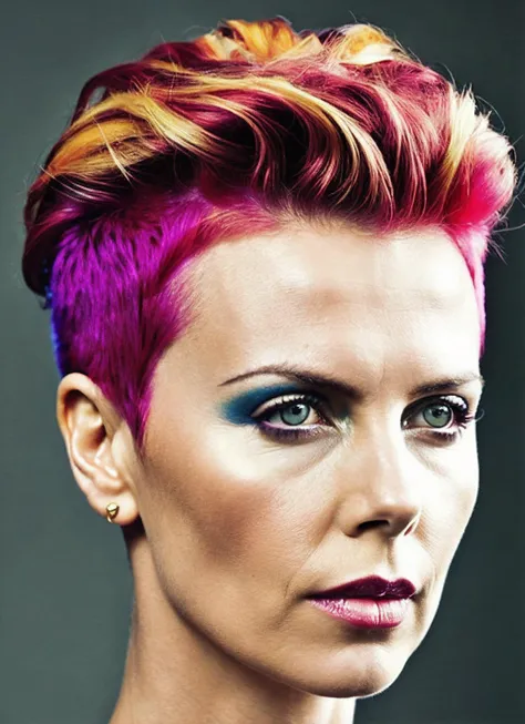 analog style, modelshoot style, portrait of sks woman by Flora Borsi, style by Flora Borsi, bold, bright colours, rainbow Mohawk haircut, ((Flora Borsi)), <lora:locon_charlize_v1_from_v1_64_32:1.25>