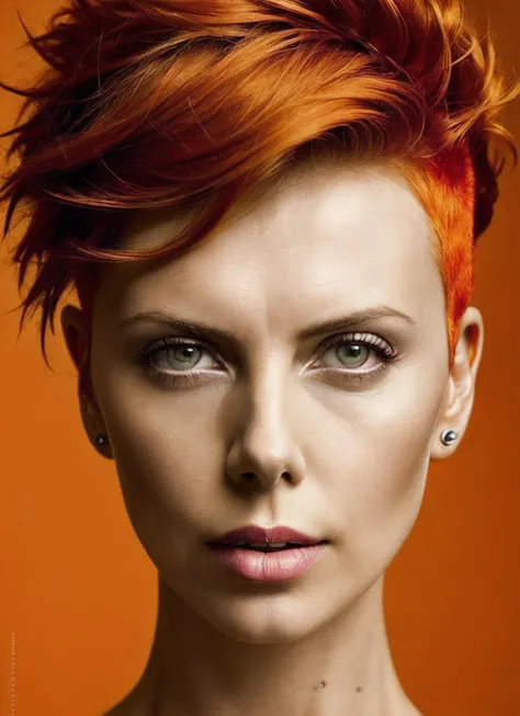 portrait of sks woman by Flora Borsi, style by Flora Borsi, bold, bright colours, orange Mohawk haircut, ((Flora Borsi)), <lora:locon_charlize_v1_from_v1_64_32:1.25>