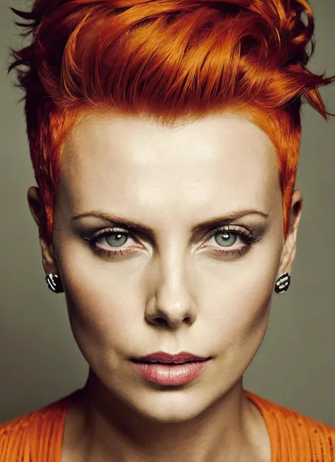 portrait of sks woman by Flora Borsi, style by Flora Borsi, bold, bright colours, orange Mohawk haircut, ((Flora Borsi)), <lora:locon_charlize_v1_from_v1_64_32:1.25>