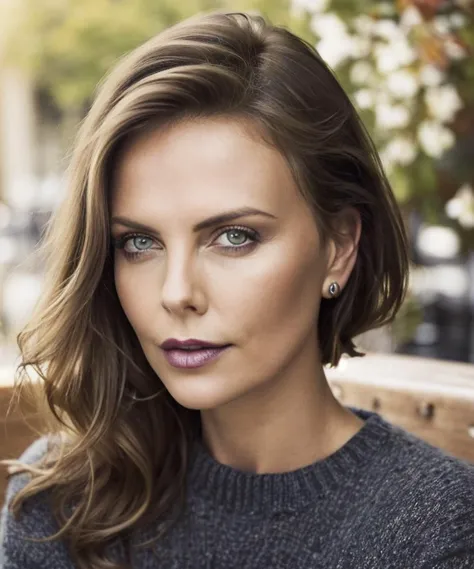sks woman in a cafe. Looking into the camera. Very dark goth makeup. Wearing jeans and a sweater. Daytime, sunshine. Matte skin, pores, colors, hyperdetailed, hyperrealistic. Natural, realistic, photograph. <lyco:locon_charlize_v1_from_v1_64_32:1.3>
