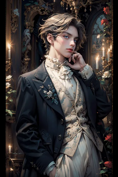 artstudt, (official art, extremely detailed CG unity 8k wallpaper),(1boy:1.3),beautifully detailed eyes, detailed fine nose, detailed fingers, (8k), (best quality), ( masterpiece:1.2), (realistic), ( photorealistic:1.37), extremely detailed
1 prince, handsome, rococo style, vest, tie, white and black color, flowers, suits, ghile <lora:Rococo vest:0.7>