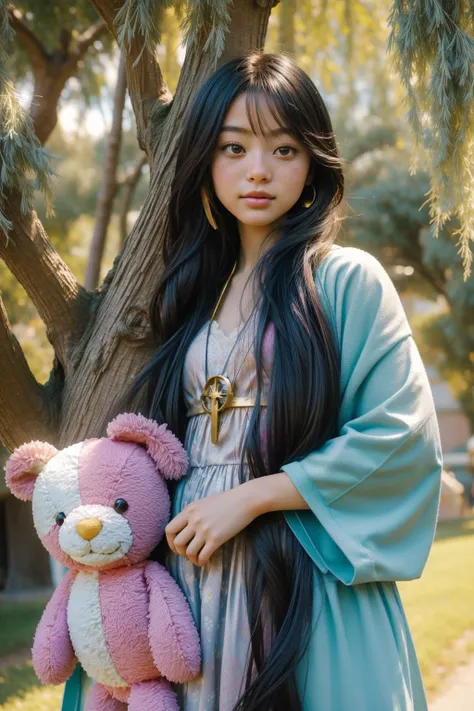 1girl, fantasy mandala of a lush vegetation with Willow tree, Neo-Primitivism, award winning, Tough Broken ("The stuffed toy of Faith":1.3) , Hazy conditions, Sharp and in focus, Dynamic, Romantic, Ambient lighting, Zoom lens, Fujicolor, Gradient paint splotches, electric indigo outlines, extremely beautiful, High quality, alluring