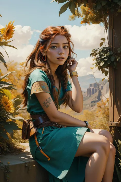 1girl, (vibrant art designed by Agnes Lawrence Pelton:1.3) , abstract art, awardwinning gobelin tapestry technique of a Film grain, Modular Rustic strong [Greek|Goth] ([Emily Bett Rickards:Aloy:2] of Delight:1.3) , she is in a Dark Fantasy setting, she is very bored, she is sitting and talking, in a very Substantive Wide-leg jumpsuit and clutch, her hair is Freelance and styled as Pixie, Aloy has a Angelic Argentinian dark orange Earbuds, Harsh Belt and Smartwatch, lush foliage with Linden, Fall, Panorama, Detailed illustration, Suffering, Golden ratio, Suprematism, cinematic lighting, F/14, Kinemacolor, dynamic composition, Embroidery, sharp, freckles, professional, absurdres, digital art