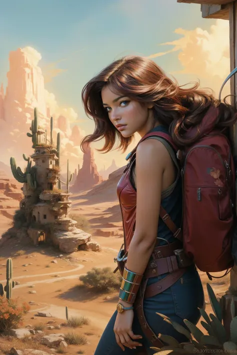 1girl, [ (sci-fi art stylized by Jason A. Engle:1.2) | (Man Ray:0.7) | (Dan Mumford:1.2) | (Jean-Gabriel Domergue:1.2) ], fantasy art, vibrant fresco art, awardwinning Oil Paint of a deep red nature with Cactus spines, Rule of Thirds, Twisted Misshapen ([Wombat:Lich:2]:1.3) , Cloudy blossoms in background, Hazy conditions, Wide view, Sketched, Shameful, Action Painting, DayGlo yellow lighting, Depth of field 100mm, Film Washi, intricate,  concept art, "Footprints on uncharted paths, explorers of the unknown, venturing into the wilderness of possibility.", highly detailed, lots of details