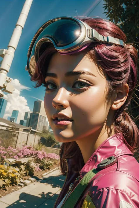 1girl, [ (stylized by Geof Darrow:1.3) | (Granville Redmond:0.9) ], grand portrait, Rule of Thirds, close up of a Shabby Vile ("The Vessel of Change":1.3) , Peplum garden with Maple tree, Thunderstorm, FOV 90 degrees, Cel shading, Sci-Fi, Trillwave, Sun Rays, pinhole lens, dark pink neon hue, Decoupage, DayGlo green flakes, RTX, extremely hyper aesthetic
