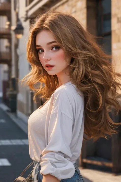 masterpiece ,realistic ,high quality, masterpiece, 1 girl, a beautiful young woman of 24 years, brown blonde hair, brig breasts, absurdly, white casual clothes, vertical, 8k,4k