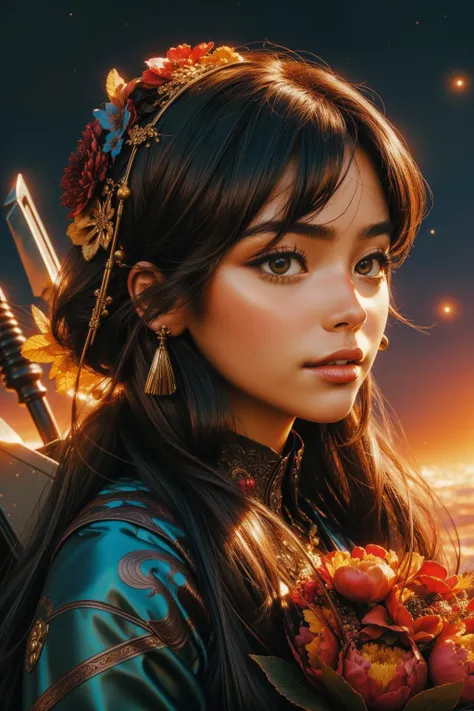 1girl, fantasy portrait, highly detailed, close up of a ("Tlincalli Hunter and Retrieve Prey":1.3) , it is very Charred and Labyrinthine, Zodiac background, winter space with Peony, Sun in the sky, Bokeh, dark art, (fruit art by Giuseppe Arcimboldo:1.2) , Simple and clean, Dark, Neogothic Art, Indirect light, 80mm, Warm Colors, expressive brush strokes, Liminal dream, Unsplash, RTX