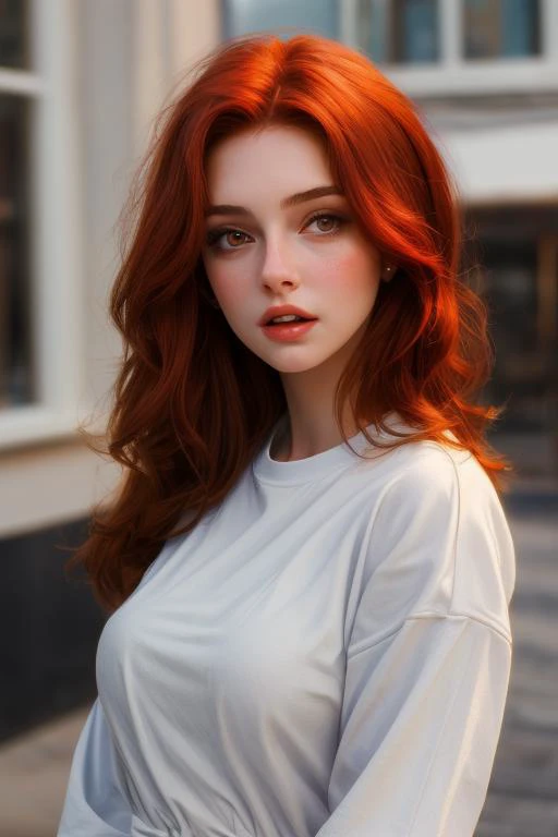 masterpiece ,realistic ,high quality, masterpiece, 1 girl, a beautiful young woman of 24 years, red hair, brig breasts, absurdly, white casual clothes, vertical, 8k,4k