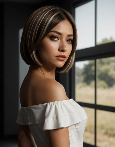 <lora:mt-valkyrae:1> mt-valkyrae, straight bob cut, HDR photo of beautiful young woman, from behind, looking over her shoulder, perfect eyes, highly detailed beautiful expressive eyes, detailed eyes, fair complexion, light makeup, light colored lipstick, gorgeous off the shoulder blouse, standing in a very dark room, large windows in the background . High dynamic range, vivid, rich details, clear shadows and highlights, realistic, intense, enhanced contrast, highly detailed