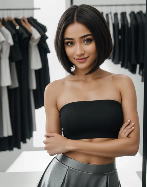 <lora:mt-valkyrae:1> mt-valkyrae, straight bob cut, 1girl, cute model, Long thick Maxi Skirt, Knit tube top, swept back hair, alluring smile, working at a clothing store, perfect eyes, highly detailed beautiful expressive eyes, detailed eyes, 35mm photograph, film, bokeh, professional, 4k, highly detailed dynamic lighting, photorealistic, 8k, raw, rich, intricate details,