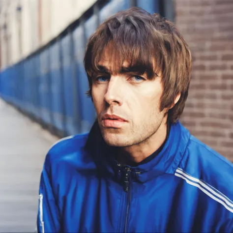 Liam Gallagher, a man in blue sport jacket looking at side on something distant with serious look on his face, in street style photography, in professional photographic setting, photorealistic, best quality, high resolution, ultra-high definition, 8K, 4K,