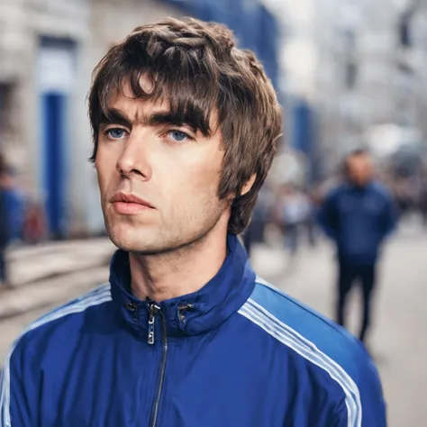 Liam Gallagher, a man in blue sport jacket looking at side on something distant with serious look on his face, in street style photography, in professional photographic setting, photorealistic, best quality, high resolution, ultra-high definition, 8K, 4K,