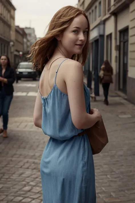 a profesional photo of 1girl dakota johnson,  smile, delicate body, slim body, slender body, small breasts, pale white skin, redhead, blue column dress  ,   on the street  dancing ,  Anticipating - Wide-eyed and leaning forward., perfect quality, masterpiece, ultradetailed, realistic, photorealistic, intricated details, perfect body proportions, ultraclear, bokeh, realistic lights, , cowboy shot, character focus  <lora:Dakota_Johnson_actress:0.76>