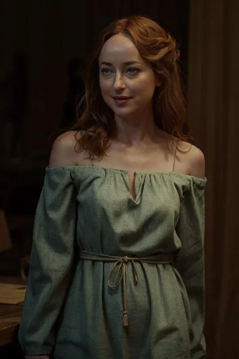 a profesional photo of 1girl dakota johnson, smile, delicate body, slim body, slender body, small breasts, pale white skin, redhead, green off the shoulder dress , in the caffe training on gym , Humbled - A modest expression with lowered head., perfect quality, masterpiece, ultradetailed, realistic, photorealistic, intricated details, perfect body proportions, ultraclear, bokeh, realistic lights, , cowboy shot, character focus <lora:Dakota_Johnson_actress:0.76>