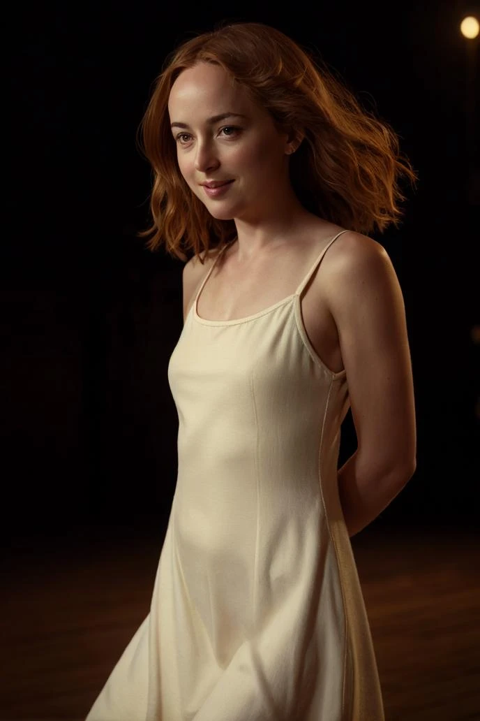 a profesional photo of 1girl dakota johnson, smile, delicate body, slim body, slender body, small breasts, pale white skin, redhead, pink tennis dress, on theatre stage twirling pose, Happy - A smile with raised cheeks and bright eyes., perfect quality, masterpiece, ultradetailed, realistic, photorealistic, intricated details, perfect body proportions, ultraclear, bokeh, realistic lights, , cowboy shot, character focus <lora:Dakota_Johnson_actress:0.76>