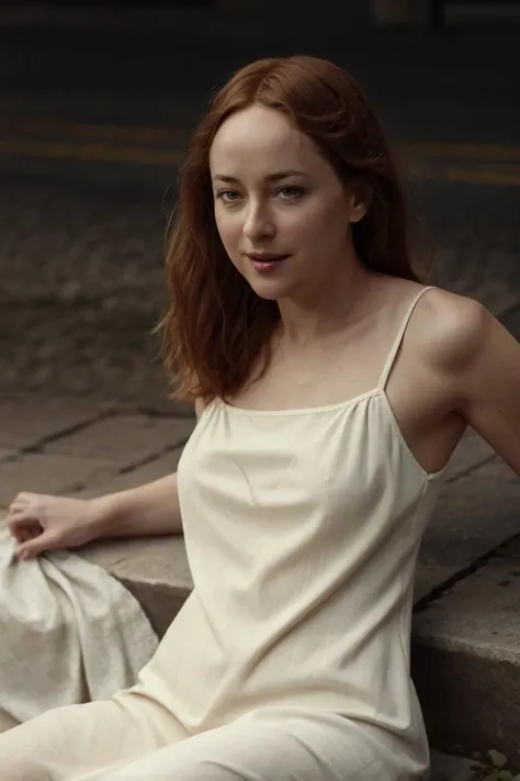 (dynamic angle:1.1),outdoors, ginger hair, photo of skinny 20yo girl, freckles, sad, soft, masterpiece, volumetric light, best quality, complimentary colors, dramatic lighting, intricate details, subsurface scattering,
