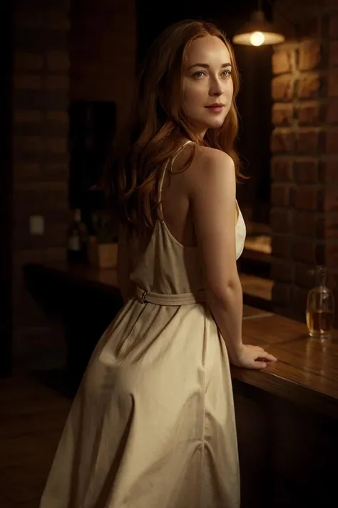 a profesional photo of 1girl dakota johnson, smile, delicate body, slim body, slender body, small breasts, pale white skin, redhead, purple taut dress, in the caffe arching her back, Envious - A scowling expression with narrowed eyes., perfect quality, masterpiece, ultradetailed, realistic, photorealistic, intricated details, perfect body proportions, ultraclear, bokeh, realistic lights, , cowboy shot, character focus <lora:Dakota_Johnson_actress:0.76>